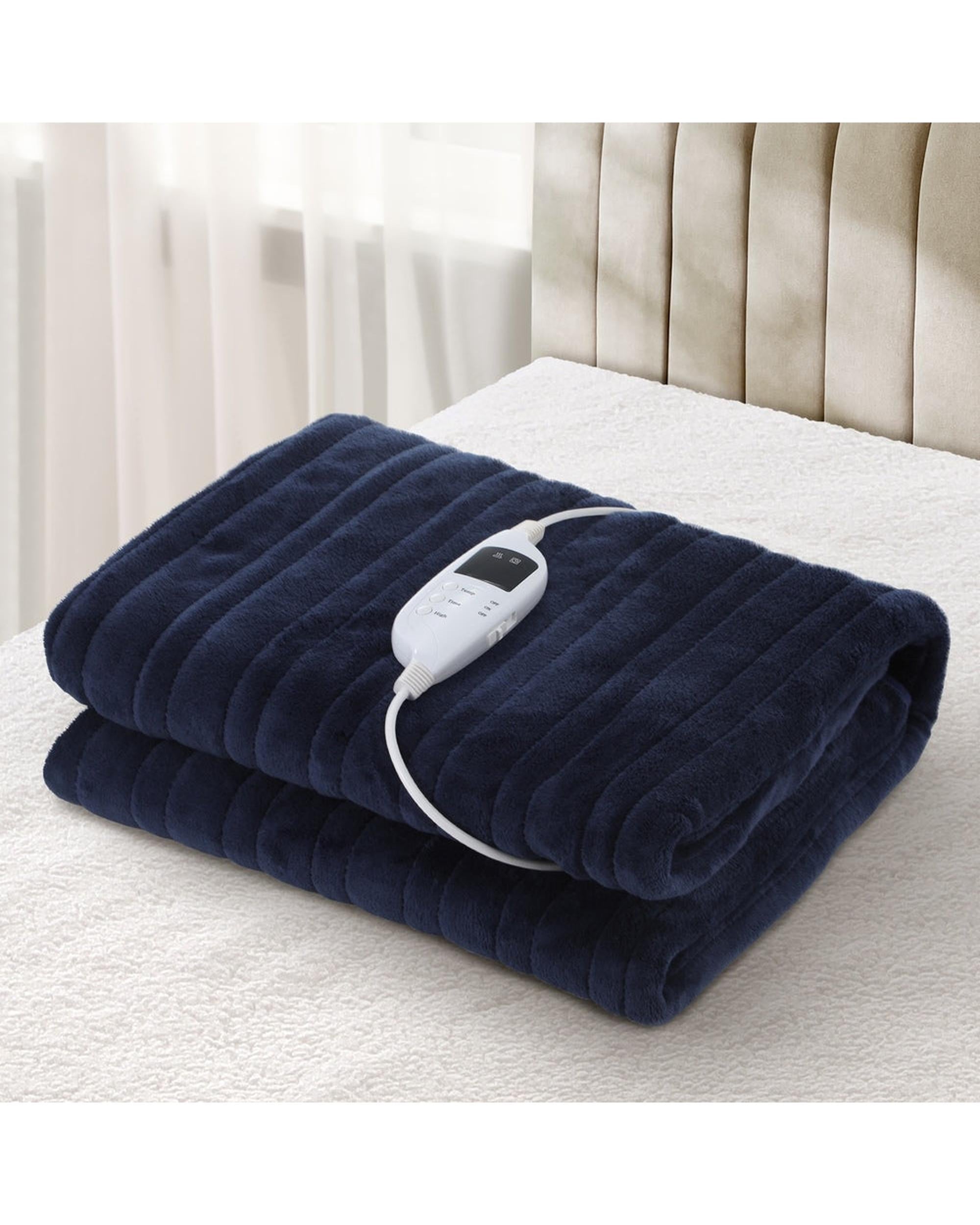 Washable Electric Heated Throw Rug Flannel Blue Bedra