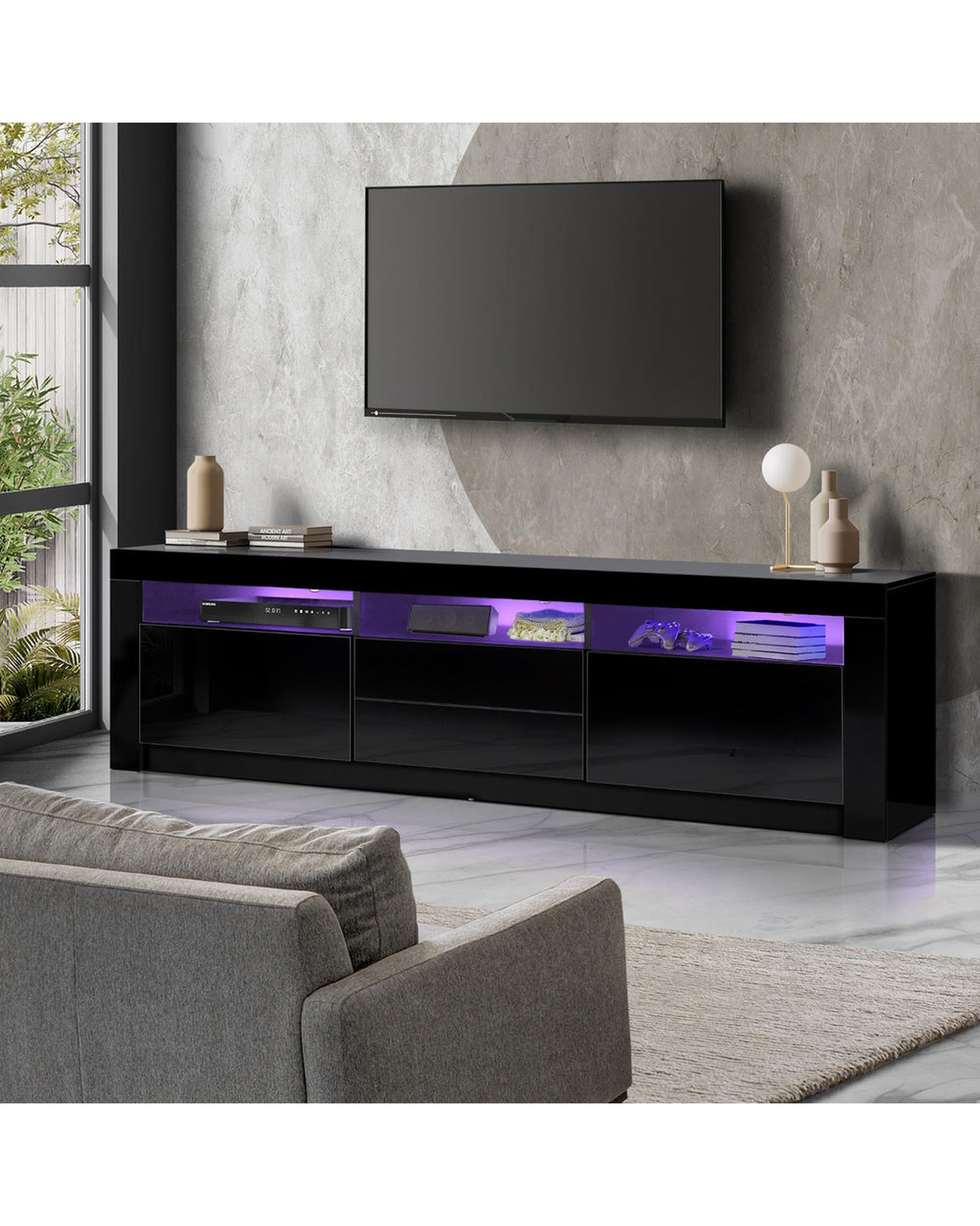 TV Stand Cabinet Entertainment Unit RGB LED Gloss Black 180CM Oikiture