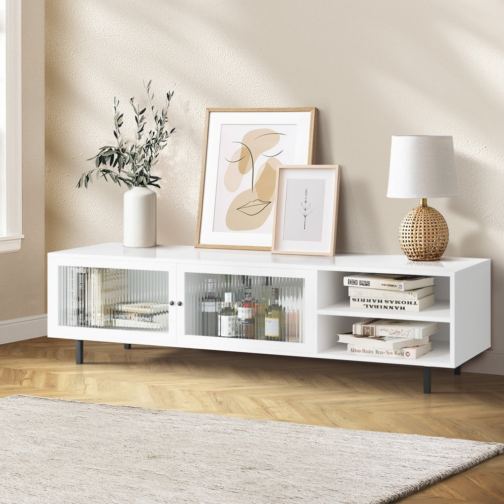 Entertainment Unit TV Stand with Tempered-glass Doors White