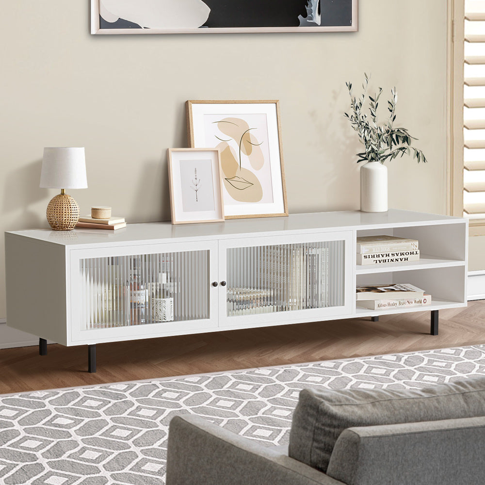 Entertainment Unit TV Stand with Tempered-glass Doors White