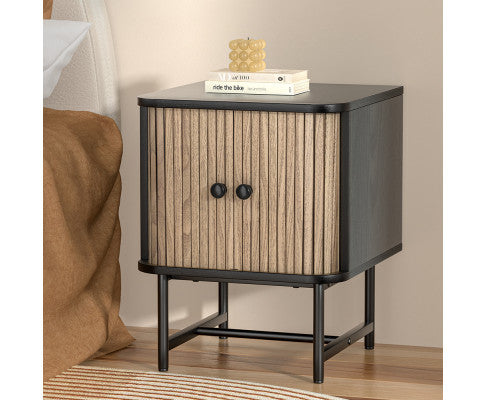 Bedside Table Side End Table Slidng Doors Storage Nightstand Black BORIS Artiss