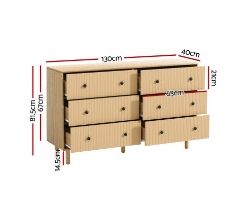 6 Chest of Drawers Flutted Front - RUTH Oak Artiss