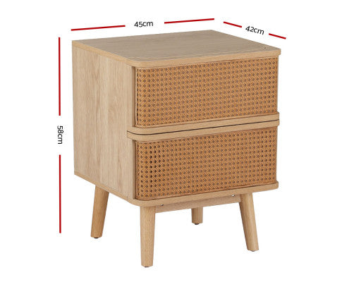 Rattan Bedside Table Drawers Side End Table Storage Nightstand Oak NORA Artiss