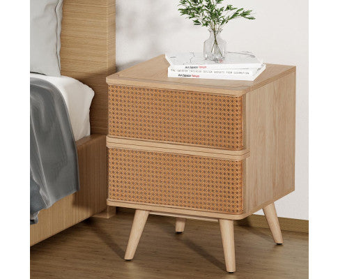 Rattan Bedside Table Drawers Side End Table Storage Nightstand Oak NORA Artiss
