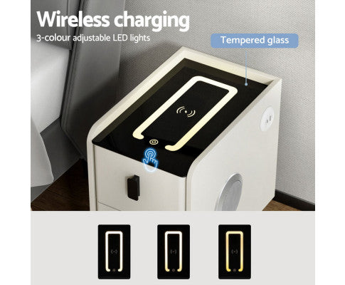 Smart Bedside Table with Wireless Charging - AIDA White Artiss