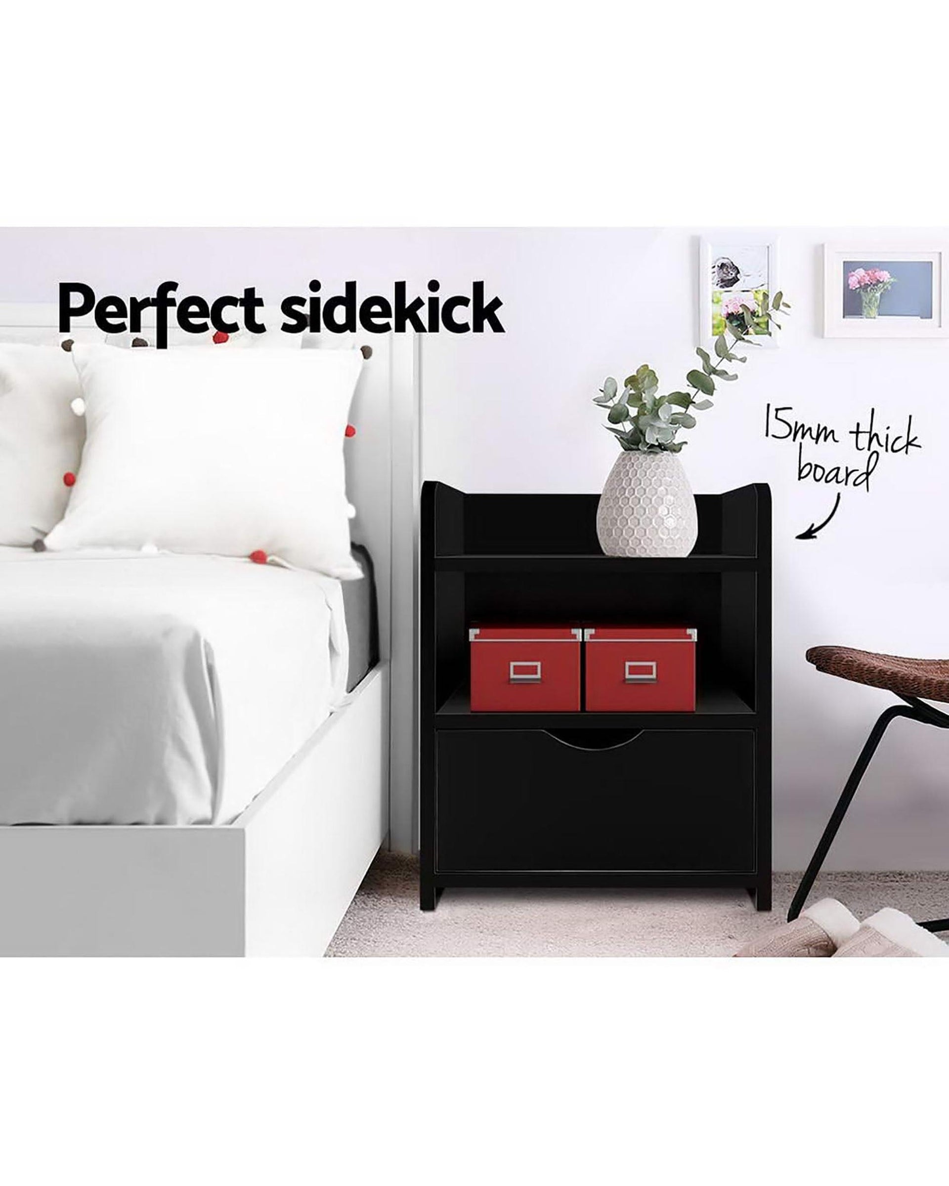 2X Bedside Table 1 Drawer with Shelf - FARA Black Artiss