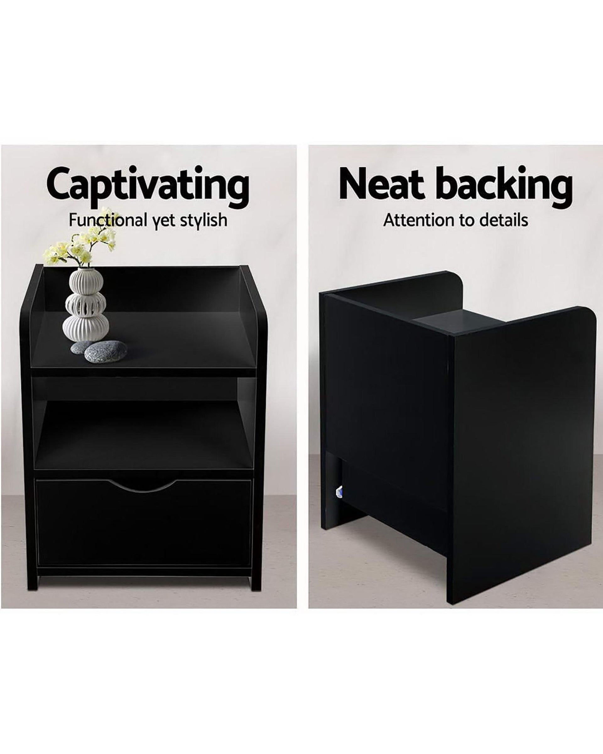 2X Bedside Table 1 Drawer with Shelf - FARA Black Artiss