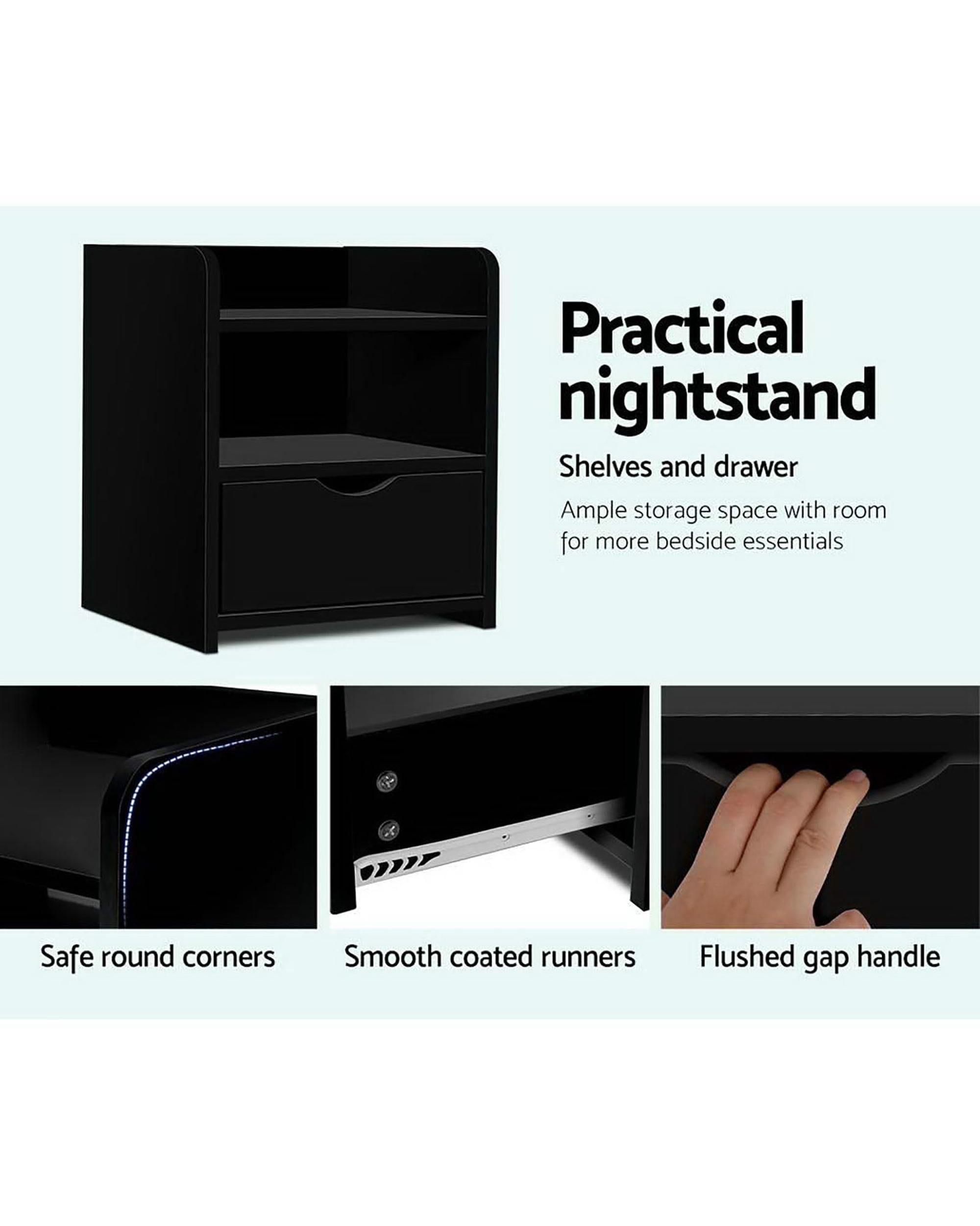 2X Bedside Table 1 Drawer with Shelf - FARA Black Artiss