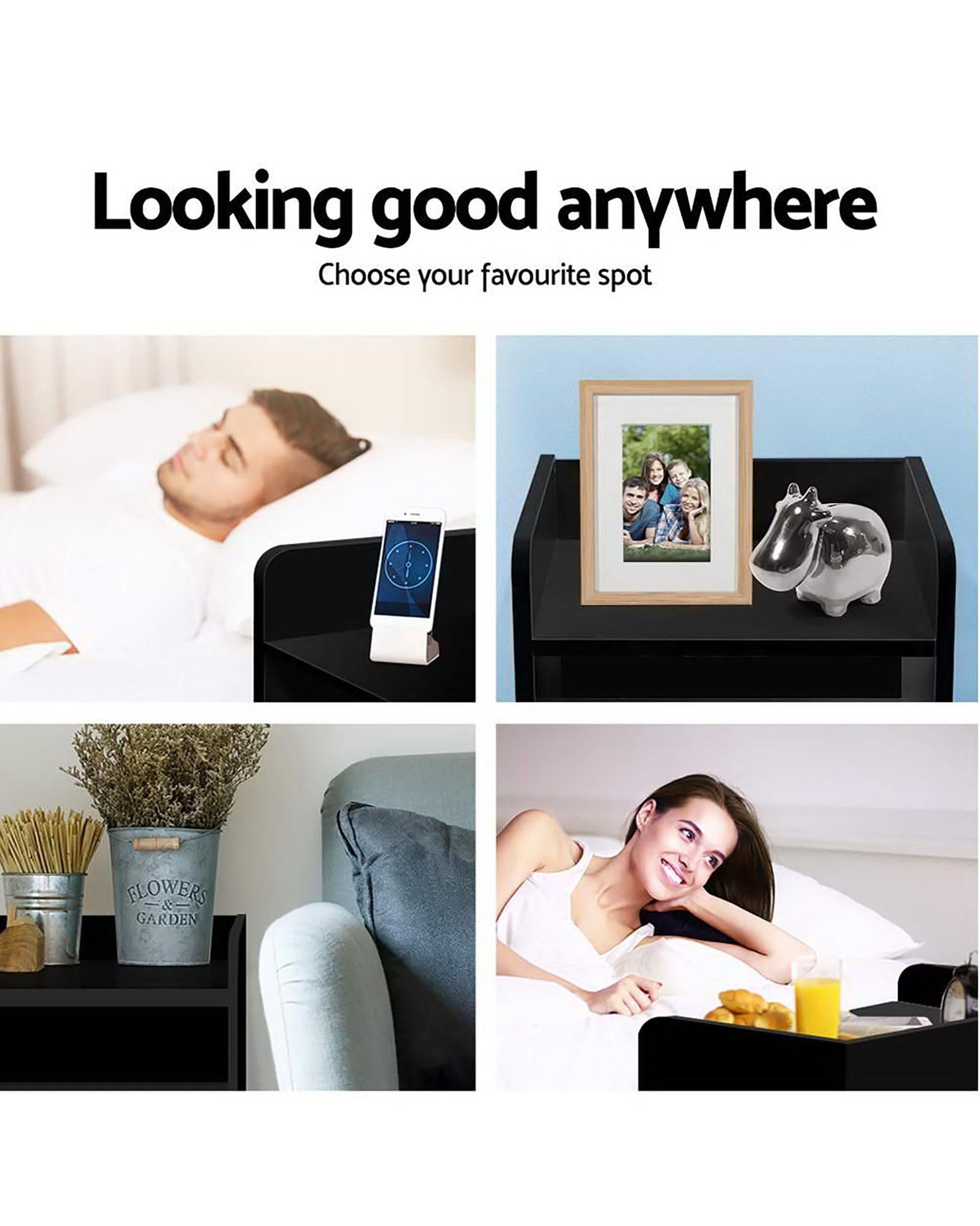 2X Bedside Table 1 Drawer with Shelf - FARA Black Artiss