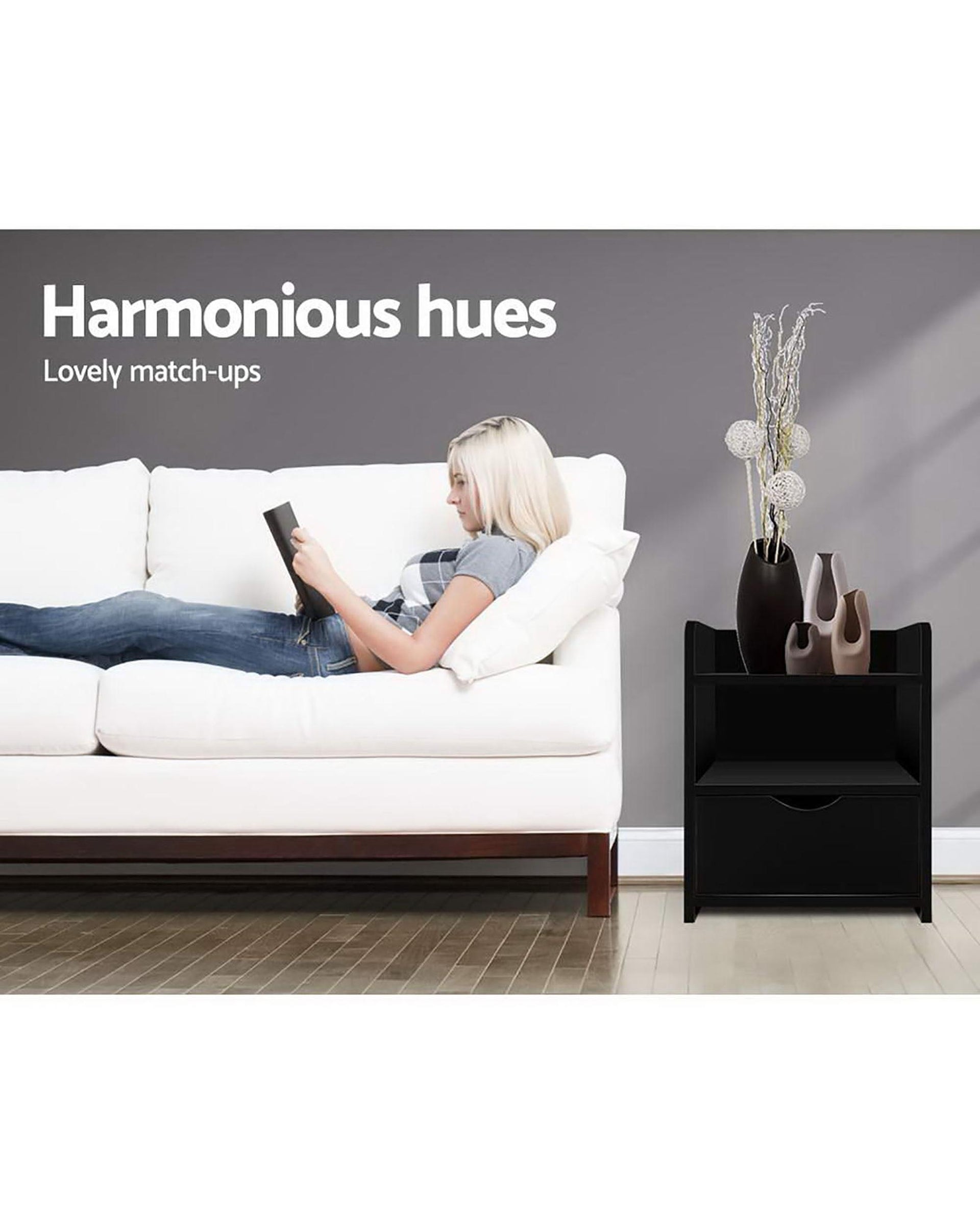 2X Bedside Table 1 Drawer with Shelf - FARA Black Artiss