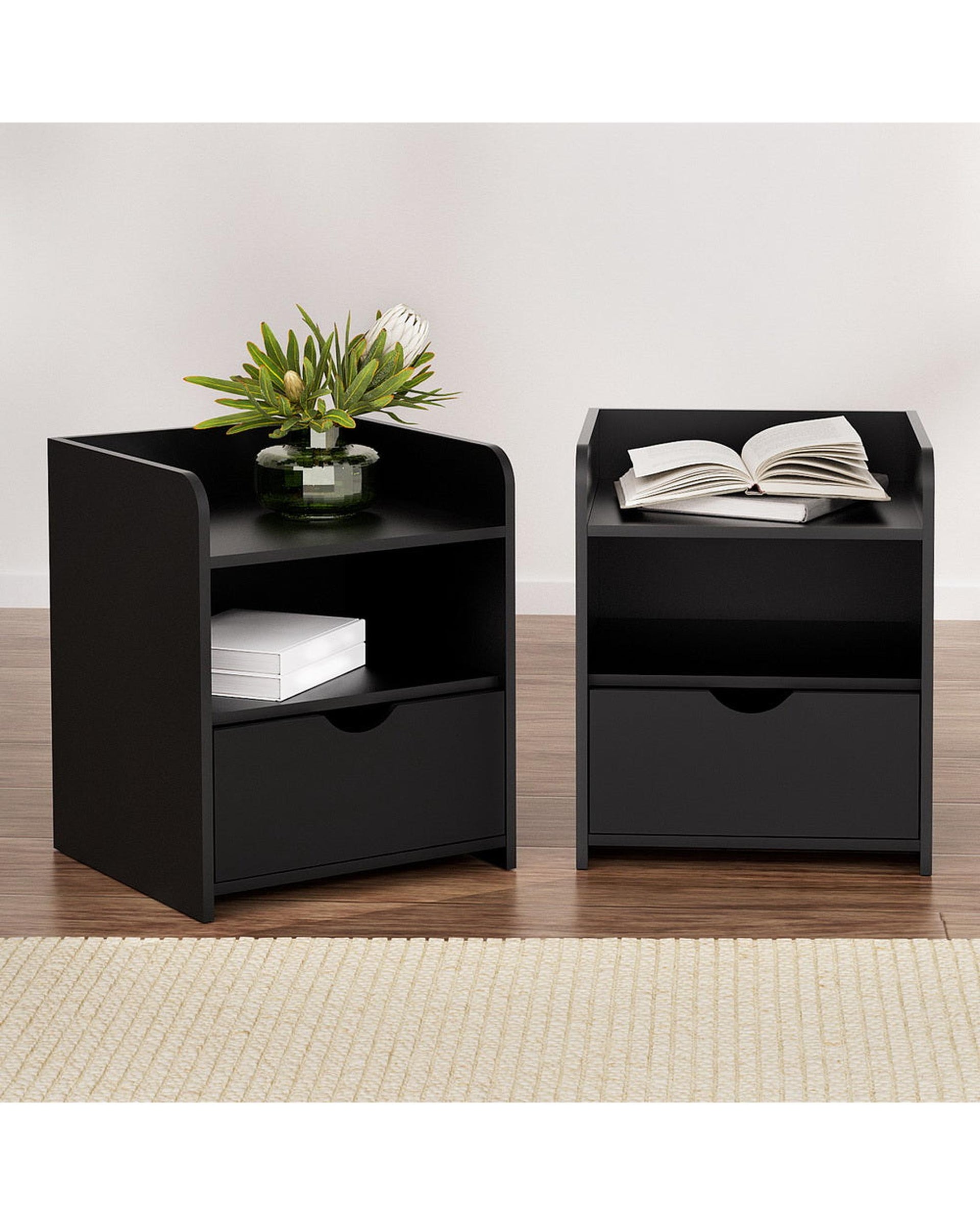 2X Bedside Table 1 Drawer with Shelf - FARA Black Artiss