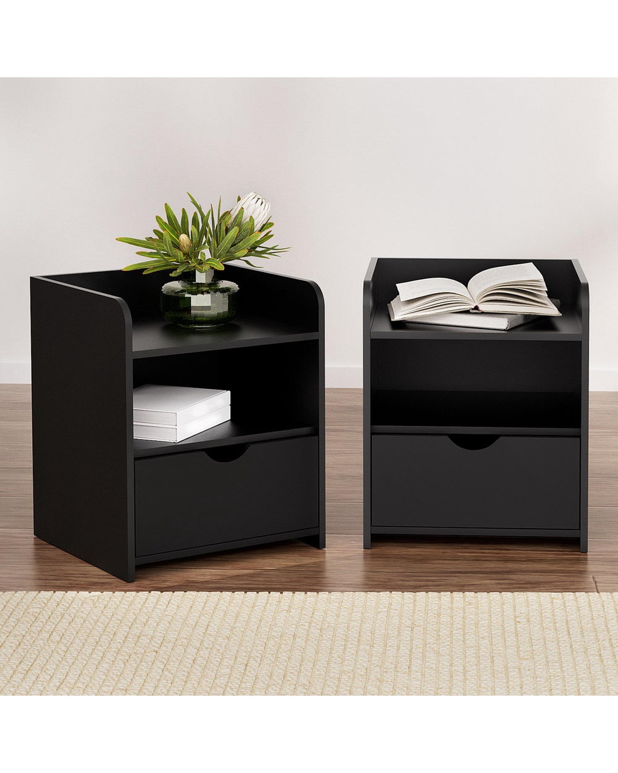 2X Bedside Table 1 Drawer with Shelf - FARA Black Artiss