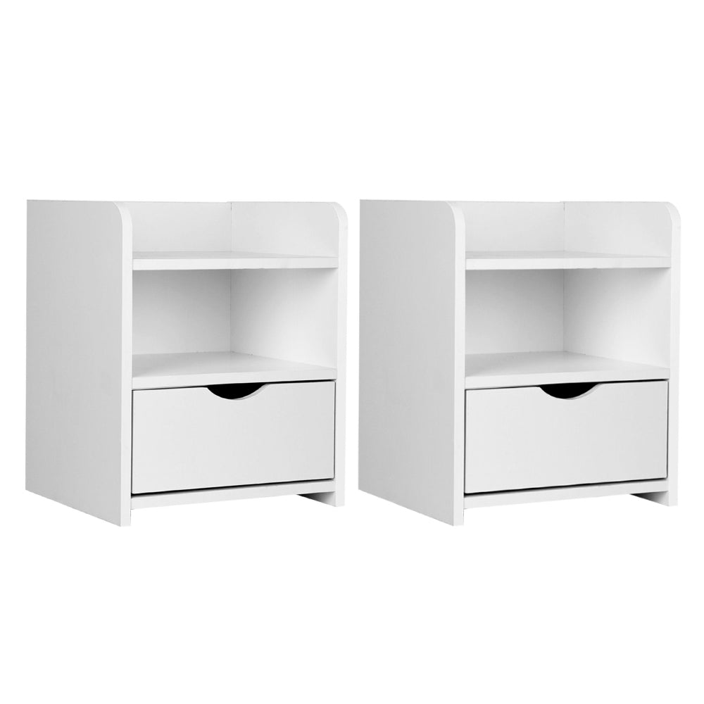 2X Bedside Table 1 Drawer with Shelf - FARA White Artiss