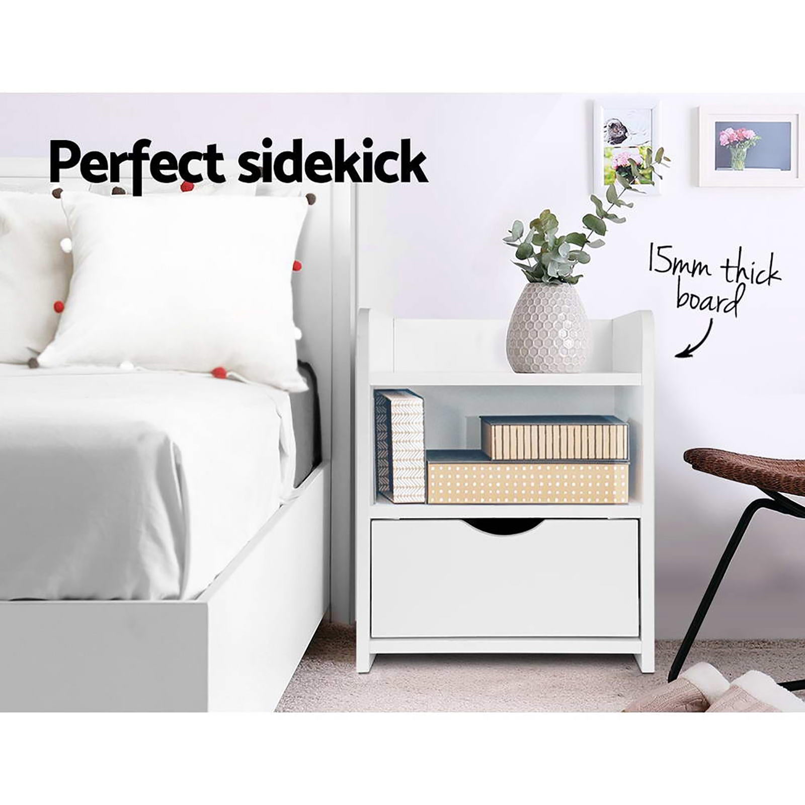 2X Bedside Table 1 Drawer with Shelf - FARA White Artiss