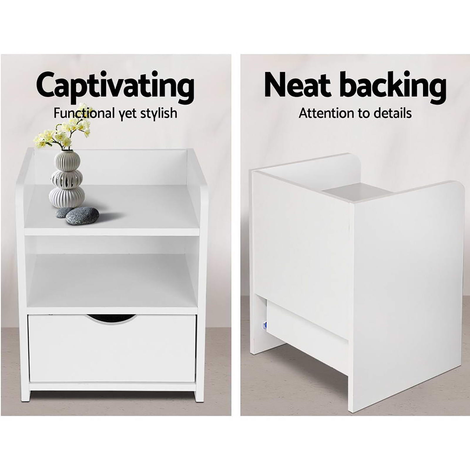 2X Bedside Table 1 Drawer with Shelf - FARA White Artiss