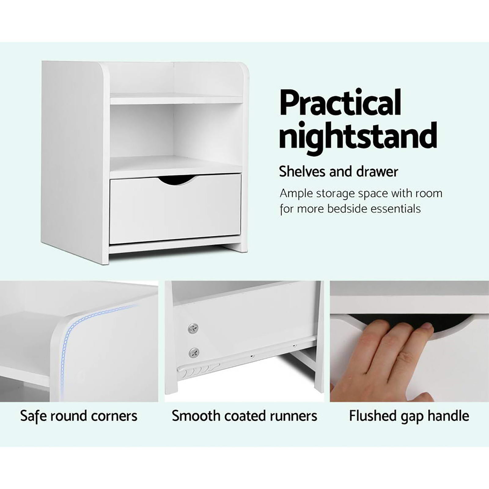2X Bedside Table 1 Drawer with Shelf - FARA White Artiss