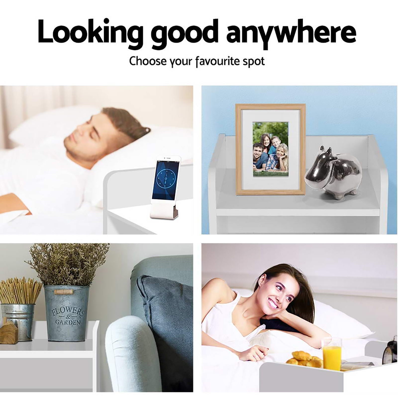 2X Bedside Table 1 Drawer with Shelf - FARA White Artiss