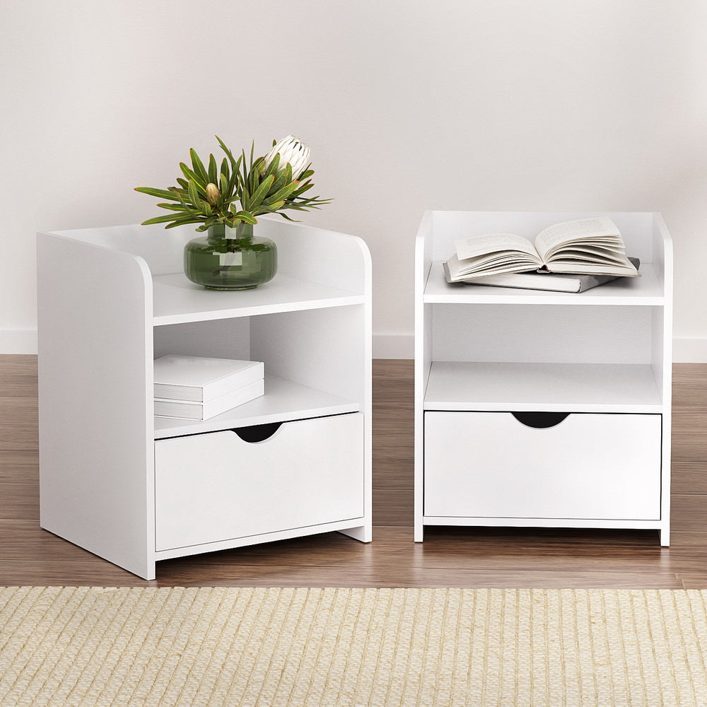 2X Bedside Table 1 Drawer with Shelf - FARA White Artiss