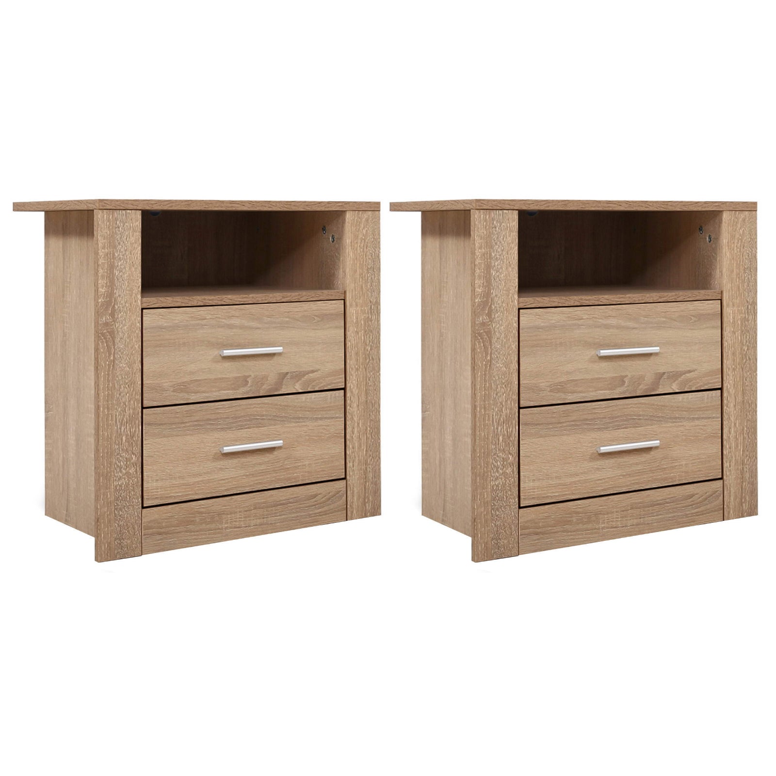 2X Bedside Table 2 Drawers with Shelf - TARA Oak Artiss