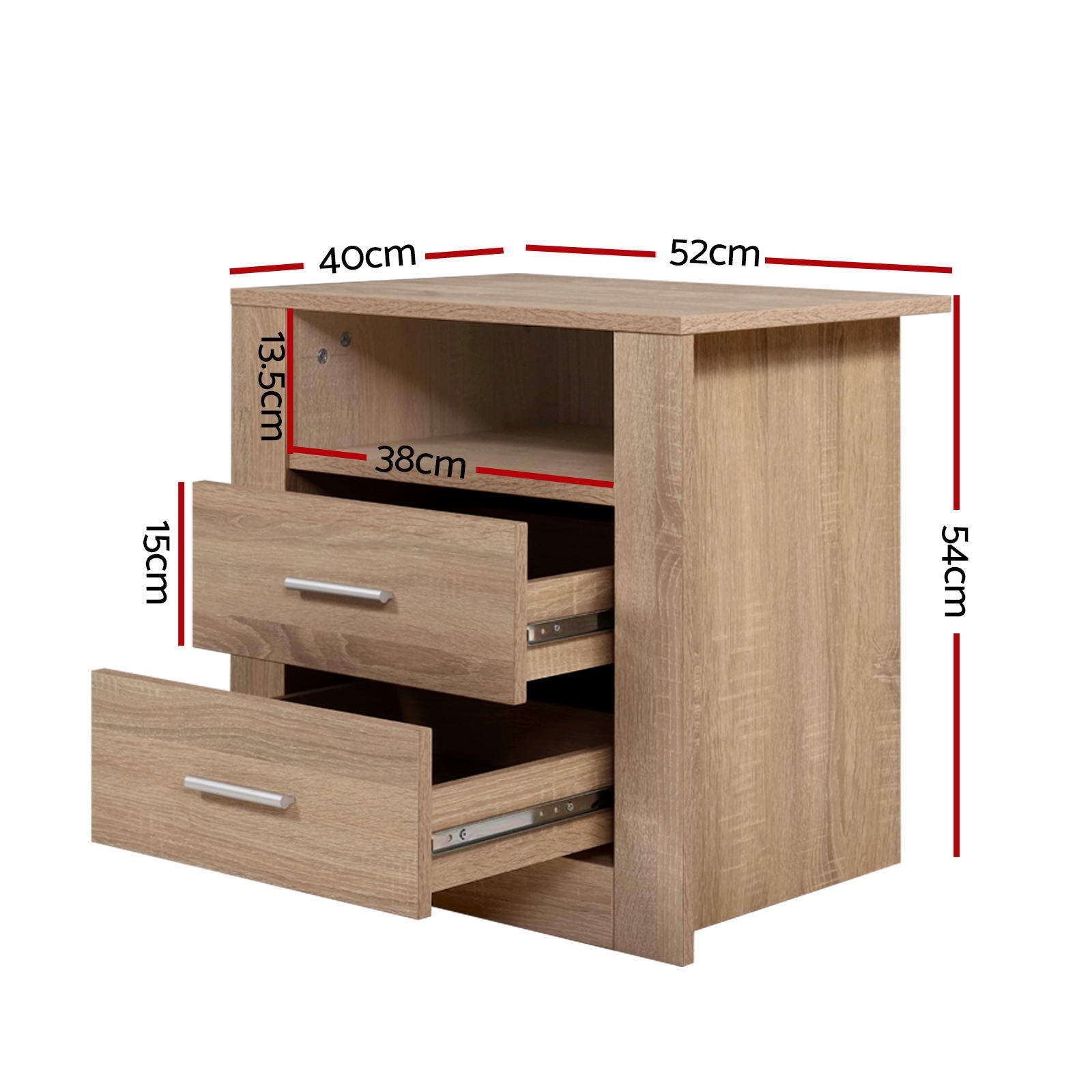 2X Bedside Table 2 Drawers with Shelf - TARA Oak Artiss