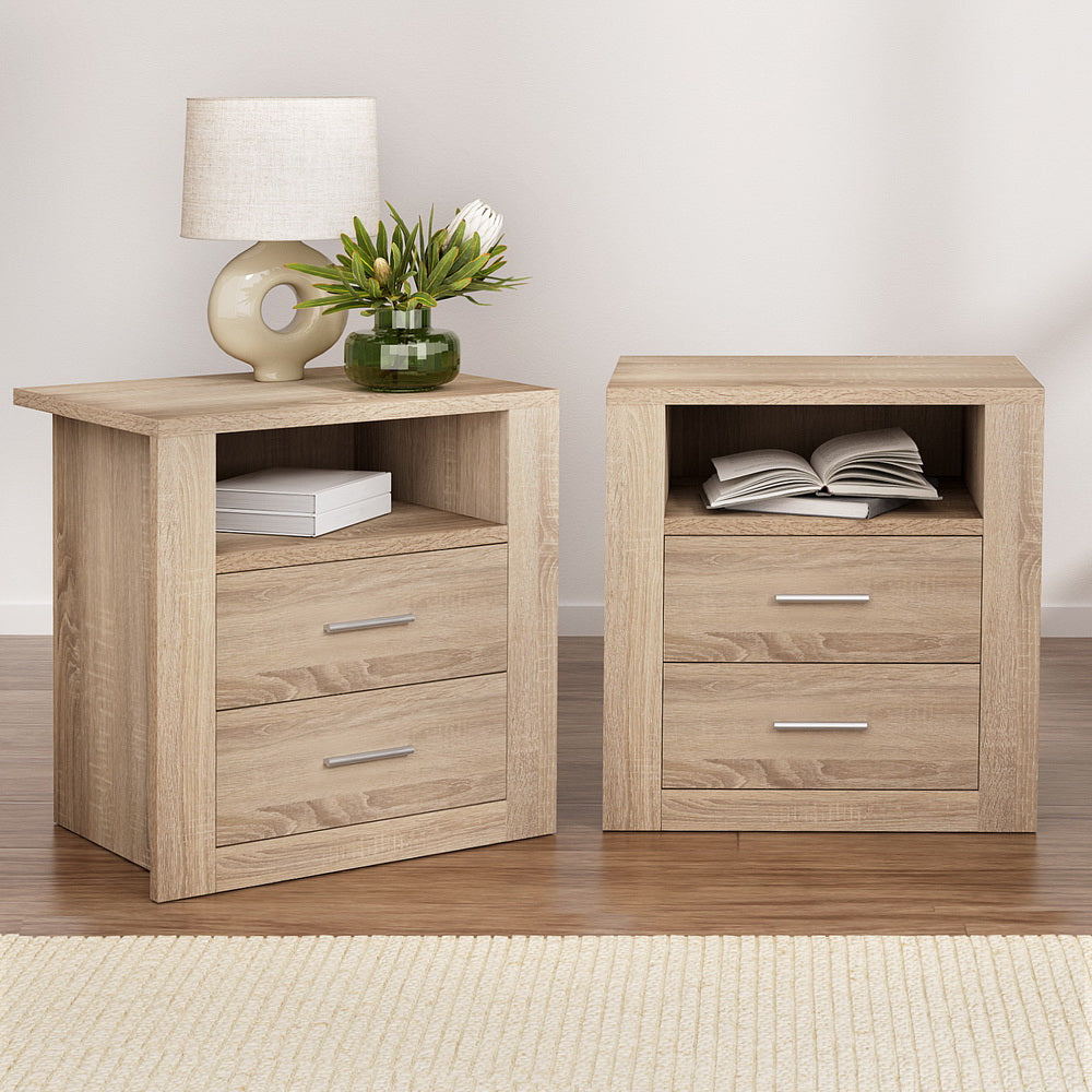 2X Bedside Table 2 Drawers with Shelf - TARA Oak Artiss