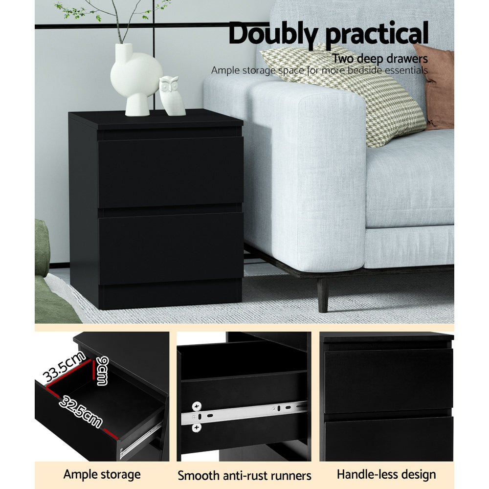 2x Bedside Table 2 Drawers - PEPE Black Artiss