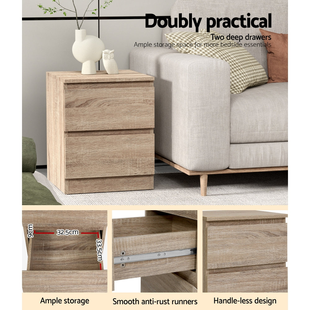 2x Bedside Table 2 Drawers - PEPE Oak Artiss