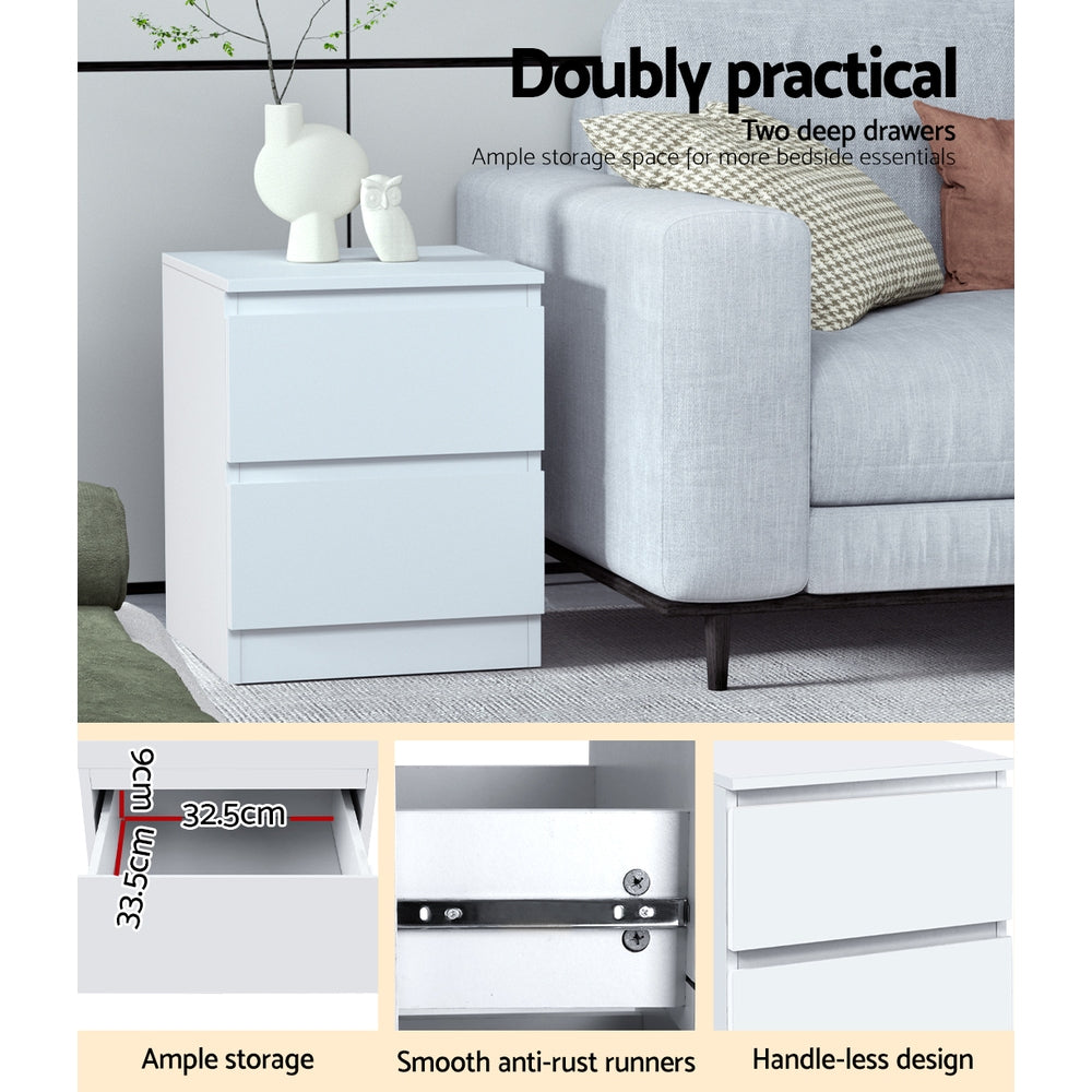 2x Bedside Table 2 Drawers - PEPE White Artiss