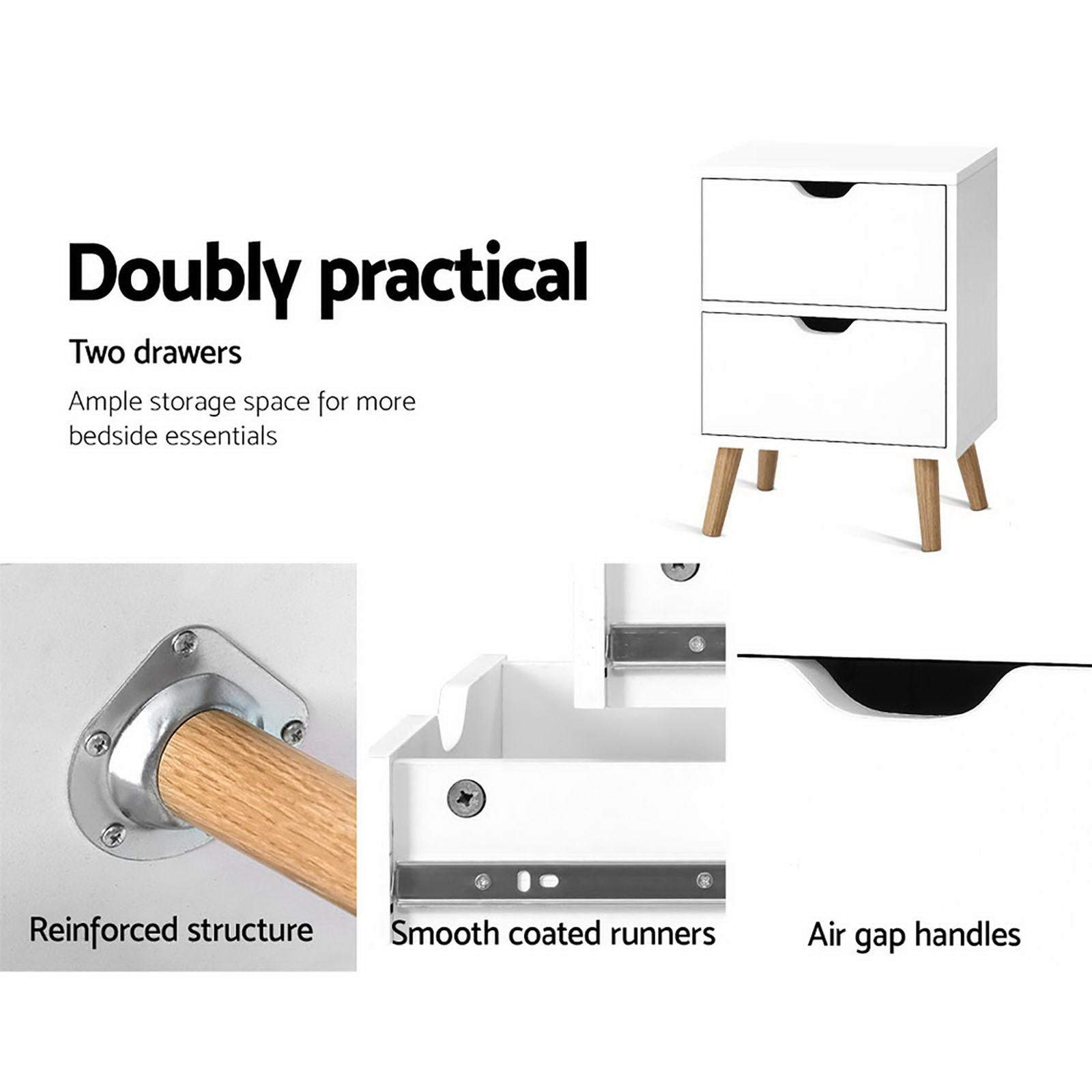 2X Bedside Table 2 Drawers - BODEN White Artiss