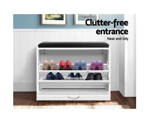 Shoe Cabinet Bench Shoes Storage Rack Organiser Drawer White 15 Pairs Artiss