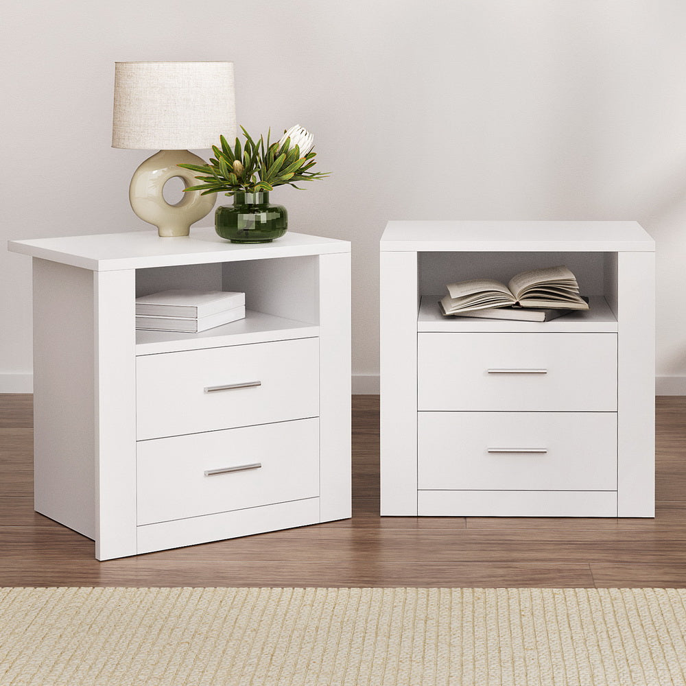 2 X Bedside Table 2 Drawers with Shelf - TARA White Artiss