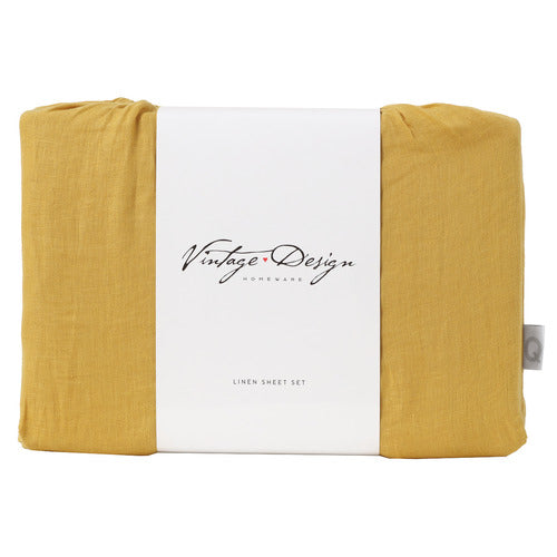 Vintage Design OCHRE 100% Linen Sheet Set Vintage Design