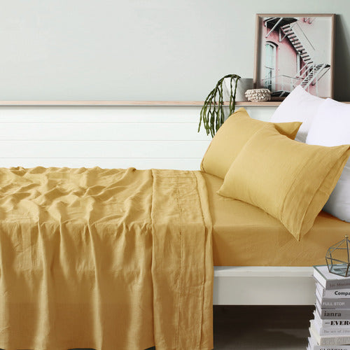Vintage Design OCHRE 100% Linen Sheet Set Vintage Design
