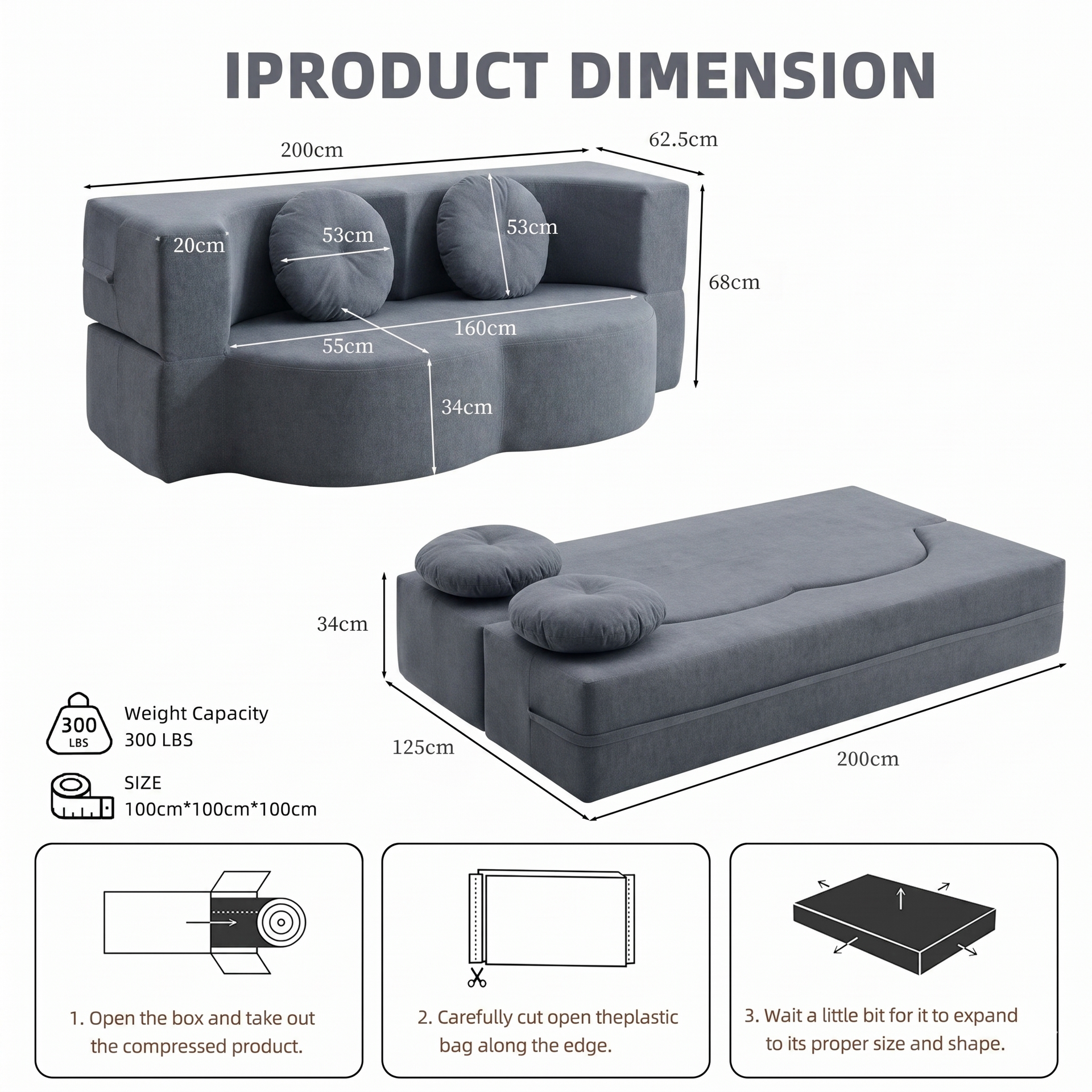Loft Convertible Folding Sofa Bed / Plush Corduroy Loveseat Couch - Grey