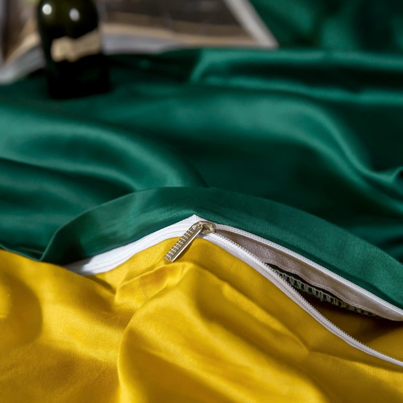 Anyhouz Duvet Comforter Set Double Deep Green/ Yellow Egyptian Cotton Thick Blanket Bedspread 4 Pcs Bed Set