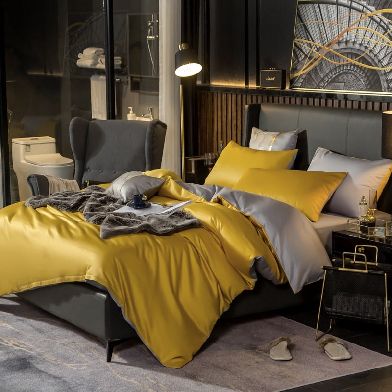 Anyhouz Duvet Comforter Set King Yellow/ Light Grey Egyptian Cotton Thick Blanket Bedspread 6 Pcs Bed Set