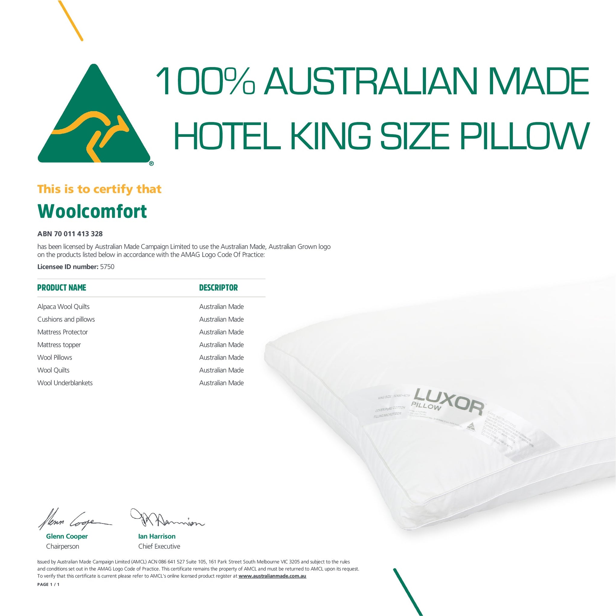 Luxor Australian Made King Size Pillows with Cotton Case and 4cm Wall