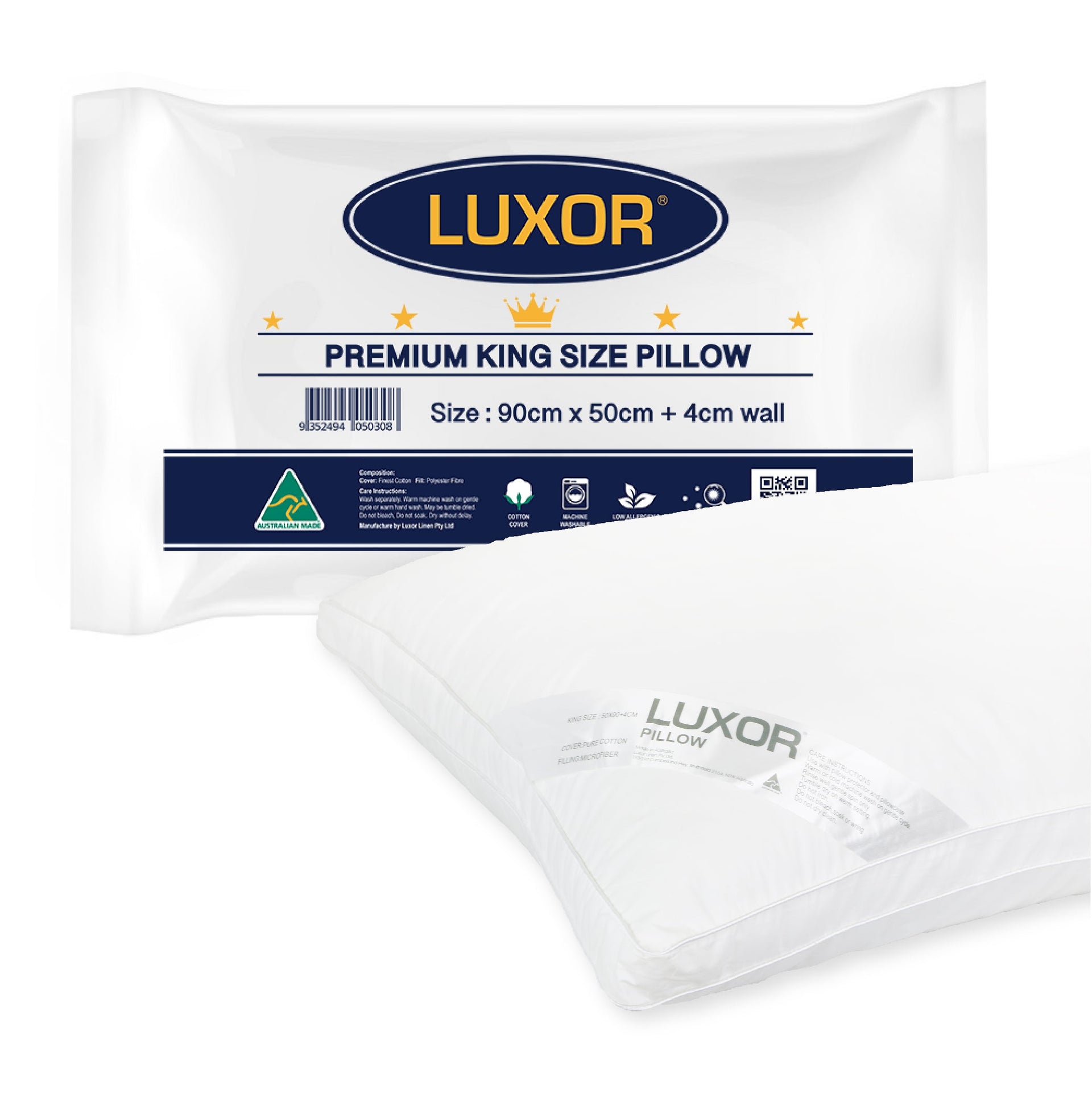 Luxor Australian Made King Size Pillows with Cotton Case and 4cm Wall