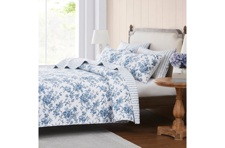 LAURA ASHLEY WALLED GARDEN COV COVERLET SET - BED M BLUE - Queen