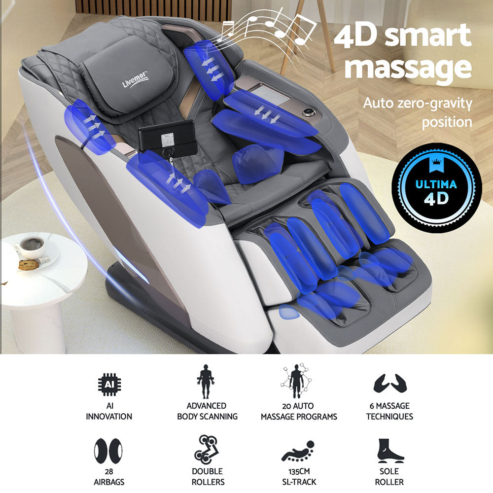 Livemor 4D Massage Chair Electric Recliner Double Core Mechanism Massager Melisa White Big Bedding Australia
