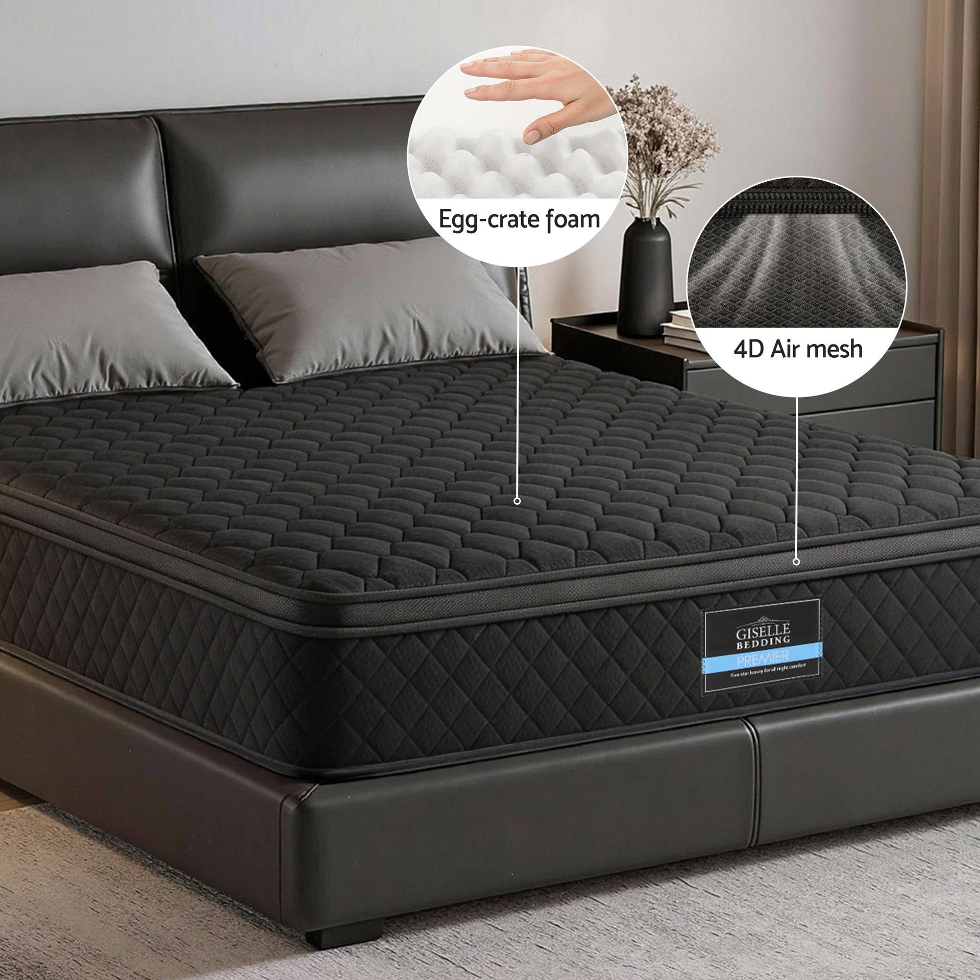 Mattress 34cm Euro Top with 5-Zone Pocket Spring Support Black