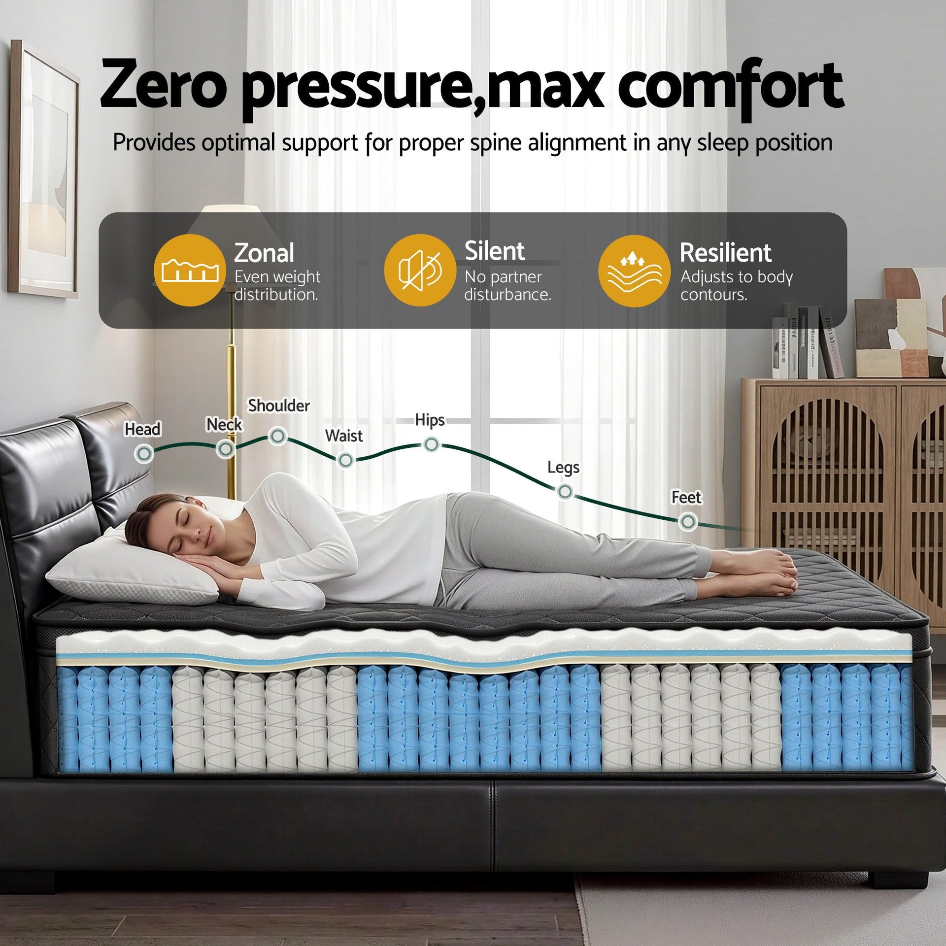 Mattress 34cm Euro Top with 5-Zone Pocket Spring Support Black