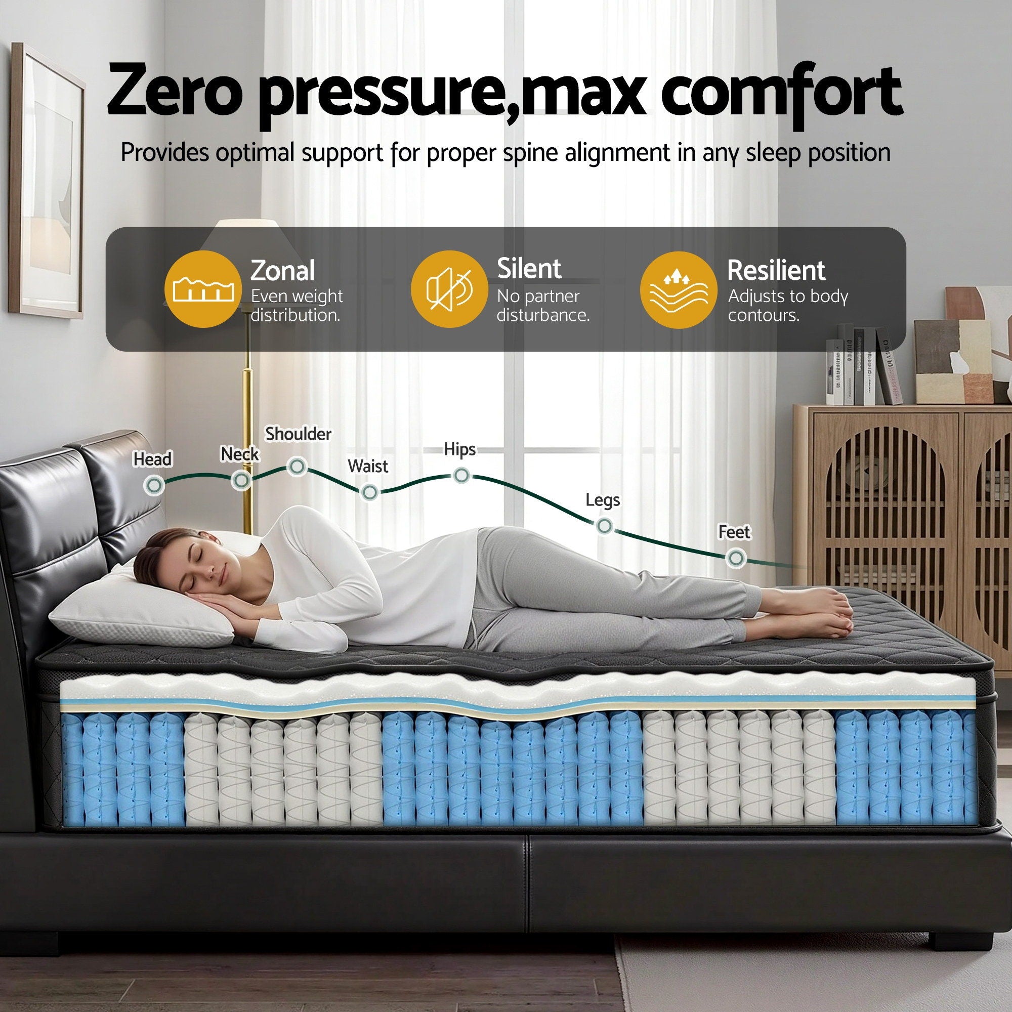 Mattress 34cm Euro Top with 5-Zone Pocket Spring Support Black