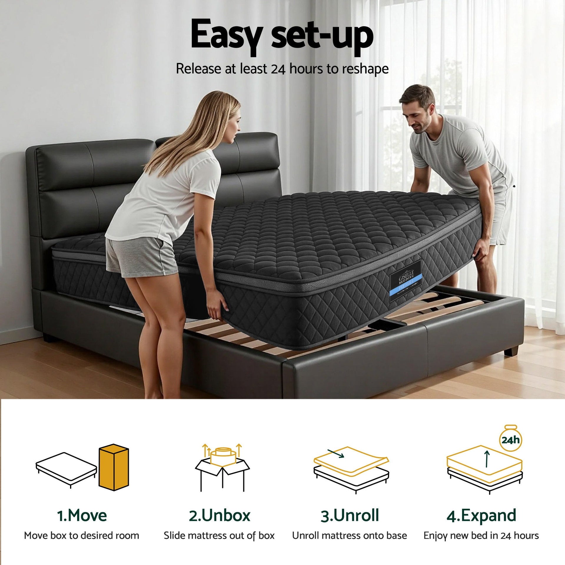 Mattress 34cm Euro Top with 5-Zone Pocket Spring Support Black