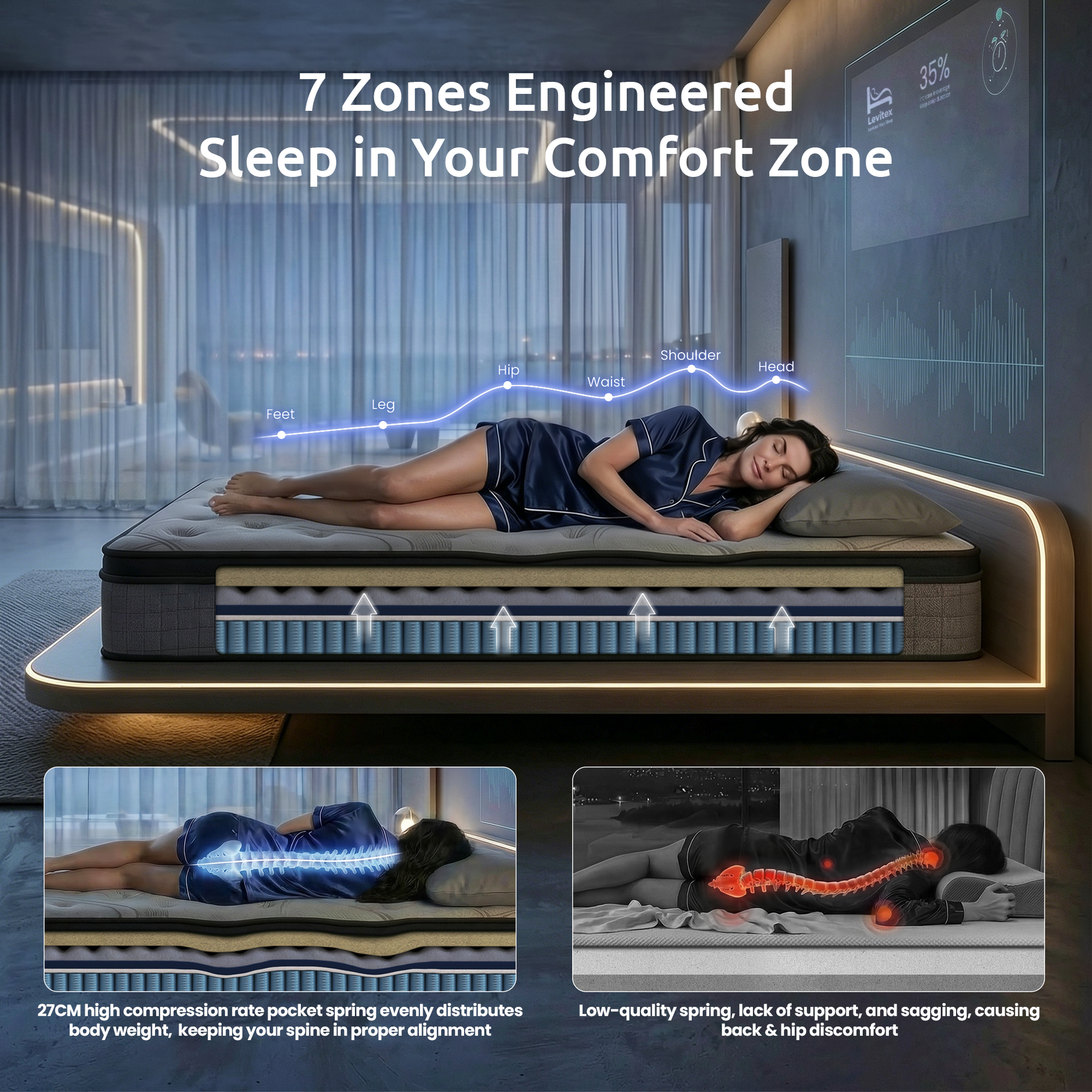 Levitex 33cm Extra Firm 7-Zone Pocket Spring Mattress