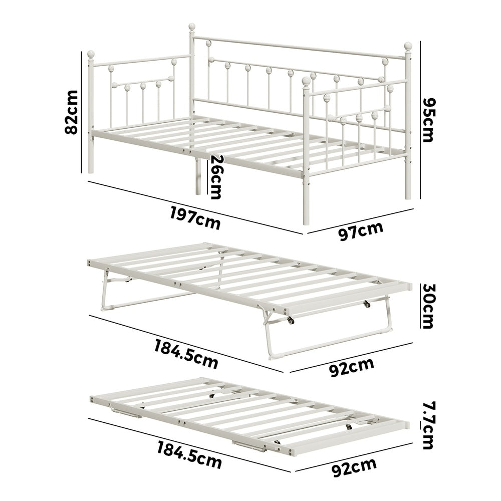 Trundle Bed Frame Single Size Metal 2x Single Beds Beige