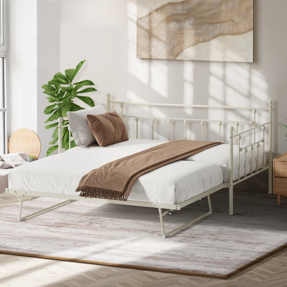 Trundle Bed Frame Single Size Metal 2x Single Beds Beige