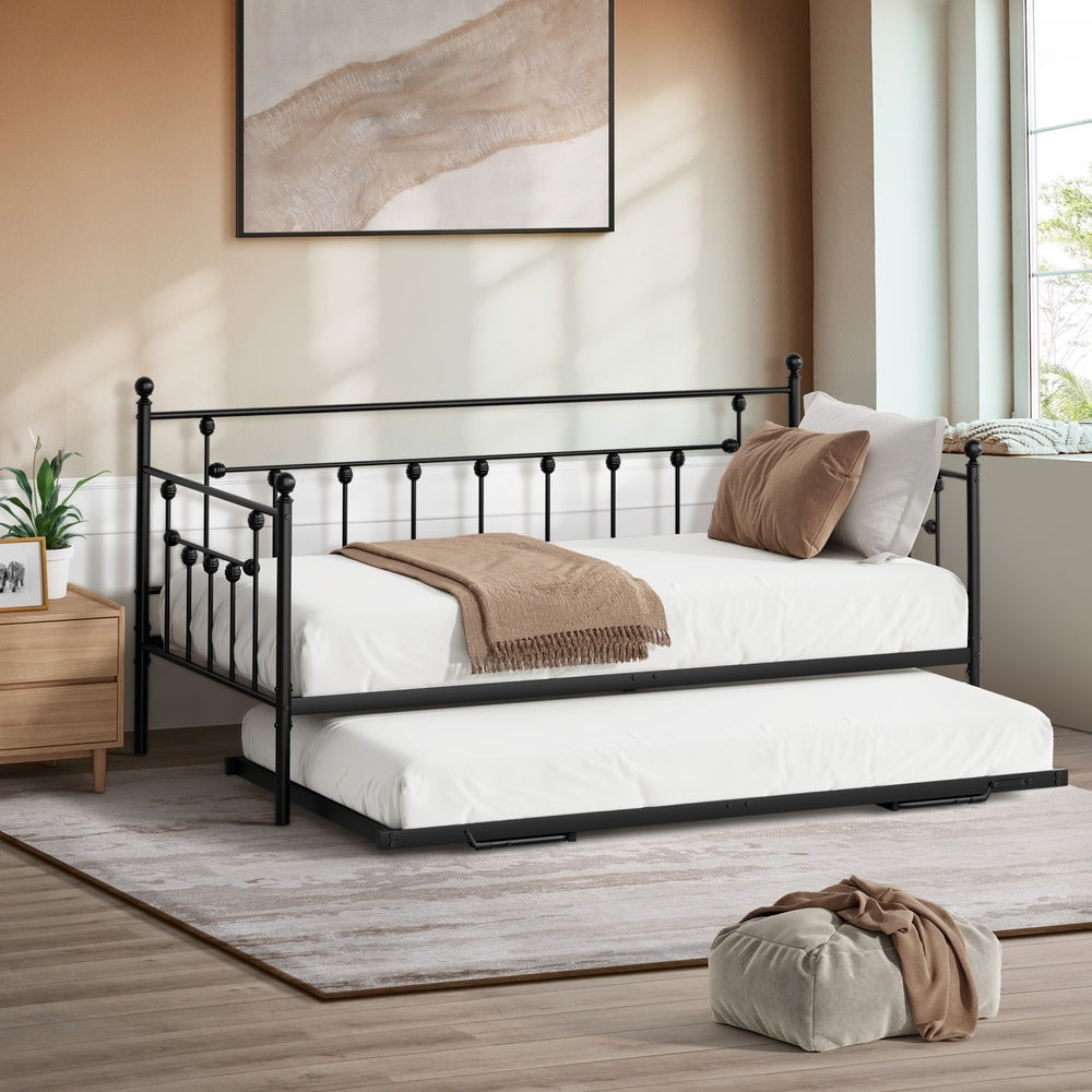 Trundle Bed Frame Single Size Metal 2x Single Beds Black