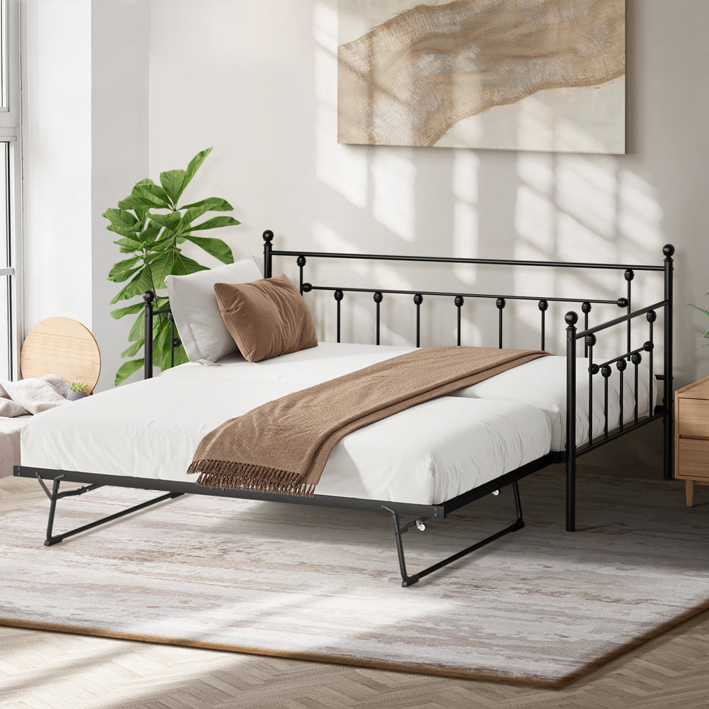 Trundle Bed Frame Single Size Metal 2x Single Beds Black