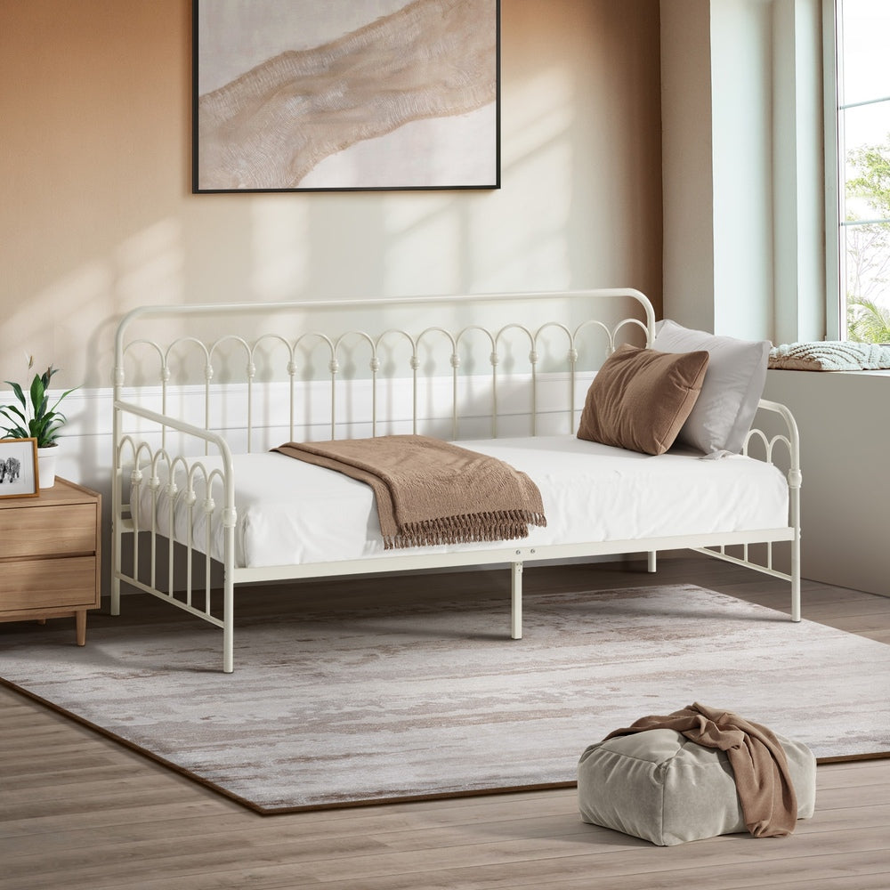 Metal Daybed Frame Single Size Sofa Bed Steel Slat Beige